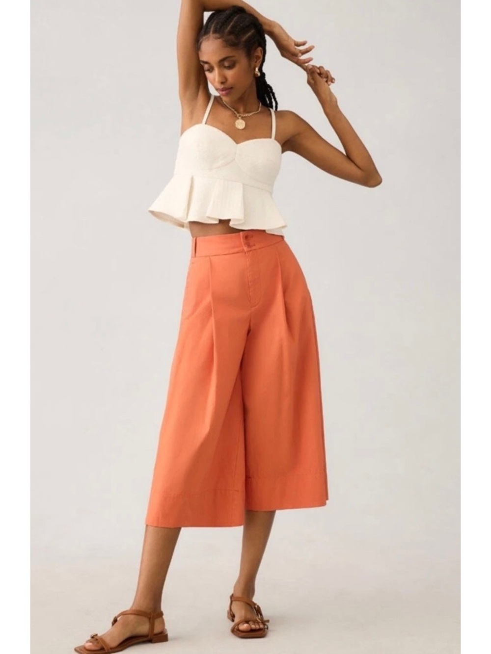 Anthropologie High Rise Wide Leg Culotte Pants Orange Pleated Cropped Trousers